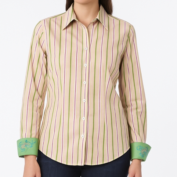 Robert Graham Tops - Robert Graham Sz‎ S Green Pink Stripe Button Up Cotton Embroidered Flip Cuff